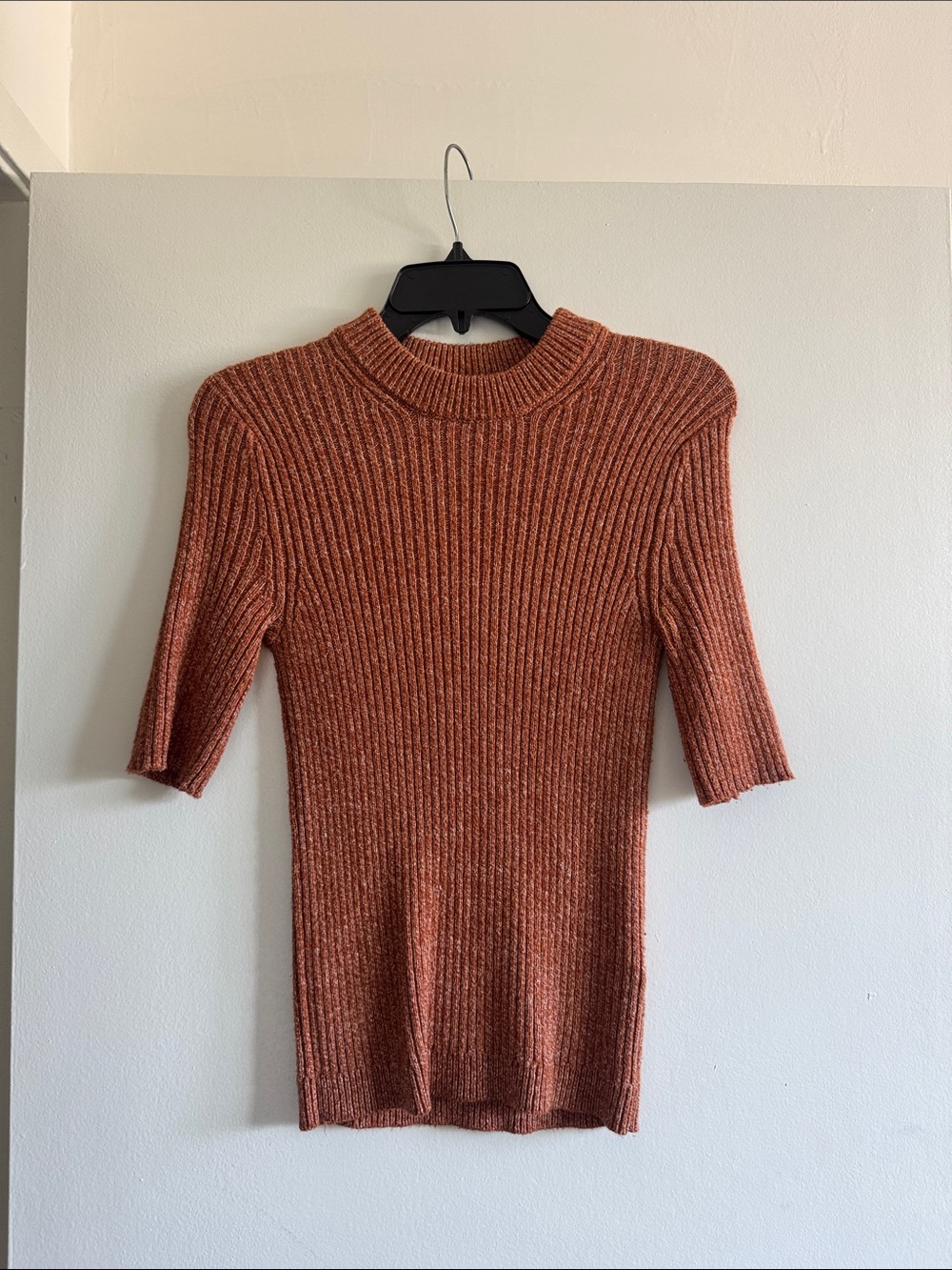 Who What Wear Ribbed Crewneck Short-Sleeve Sweater in Rust